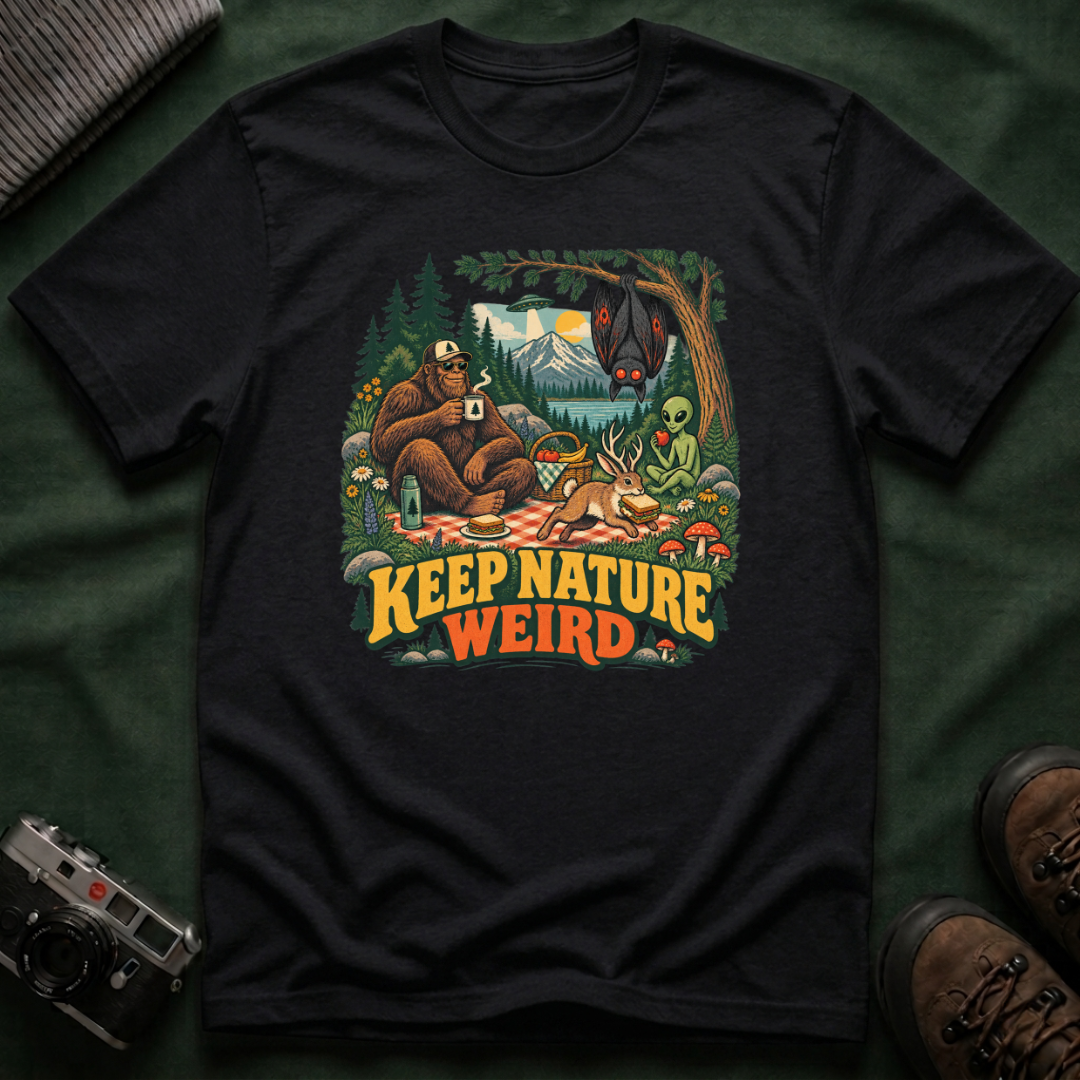 Cryptid Picnic T-Shirt — 'Keep Nature Weird' Bigfoot & Alien Camping Graphic Tee