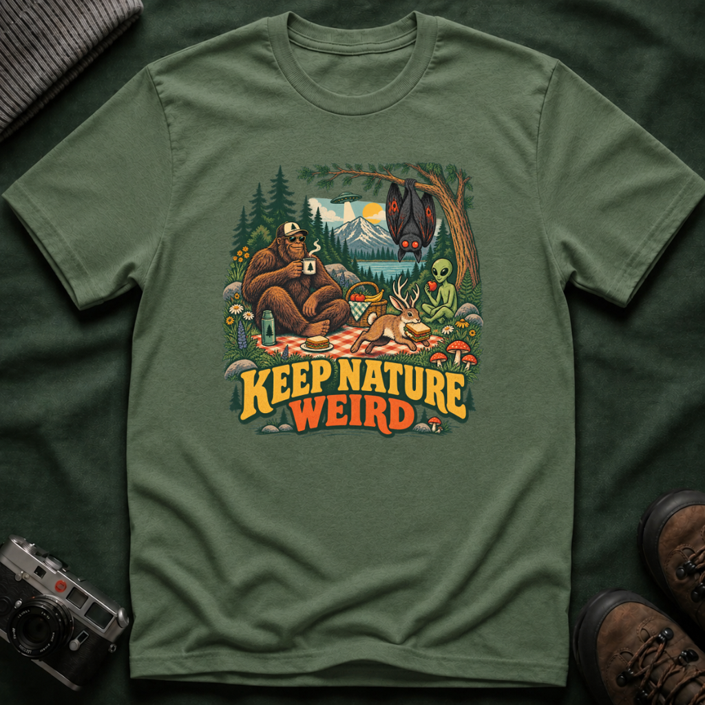 Cryptid Picnic T-Shirt — 'Keep Nature Weird' Bigfoot & Alien Camping Graphic Tee