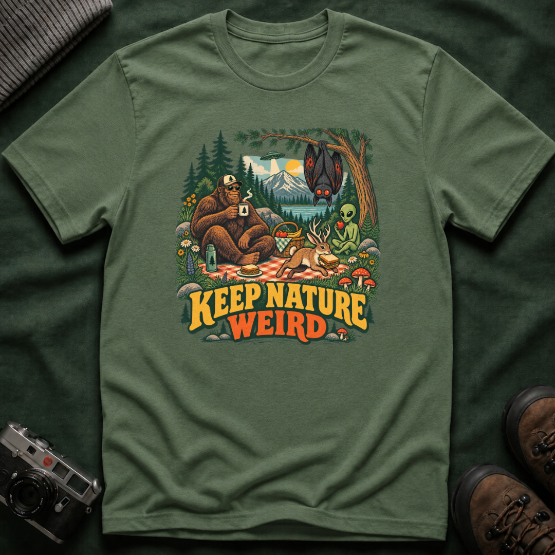 Cryptid Picnic T-Shirt — 'Keep Nature Weird' Bigfoot & Alien Camping Graphic Tee