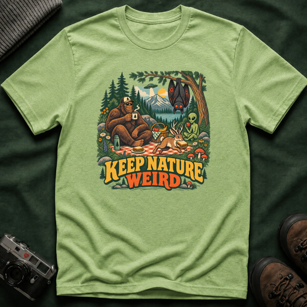 Cryptid Picnic T-Shirt — 'Keep Nature Weird' Bigfoot & Alien Camping Graphic Tee