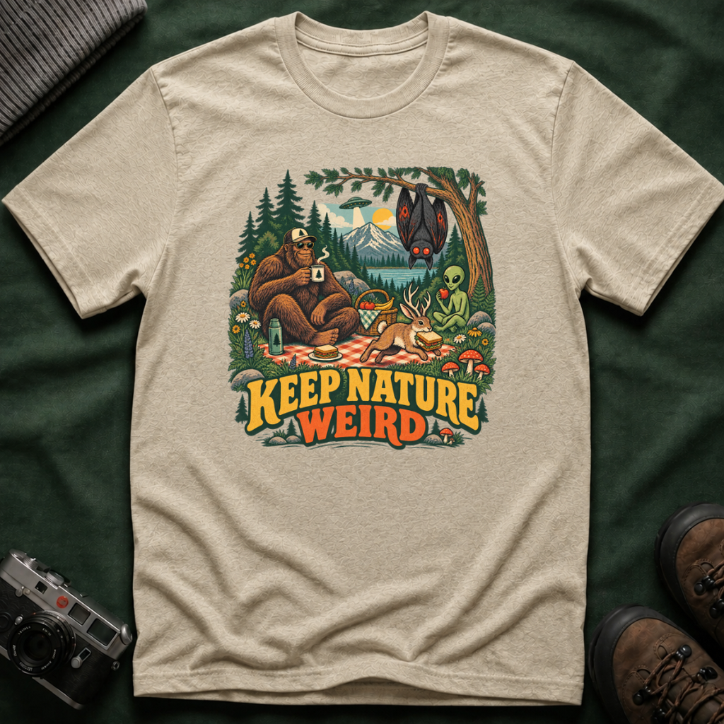 Cryptid Picnic T-Shirt — 'Keep Nature Weird' Bigfoot & Alien Camping Graphic Tee