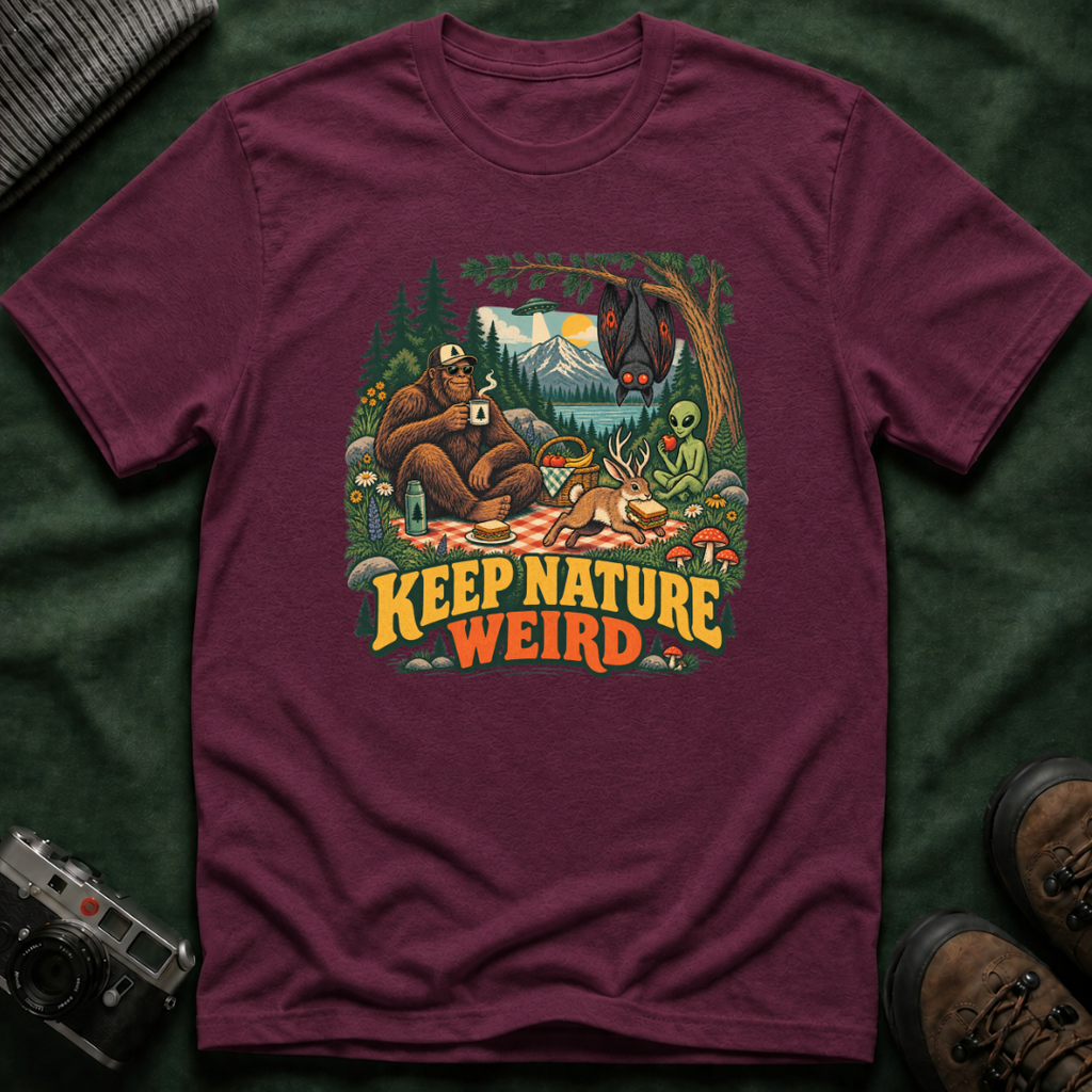Cryptid Picnic T-Shirt — 'Keep Nature Weird' Bigfoot & Alien Camping Graphic Tee