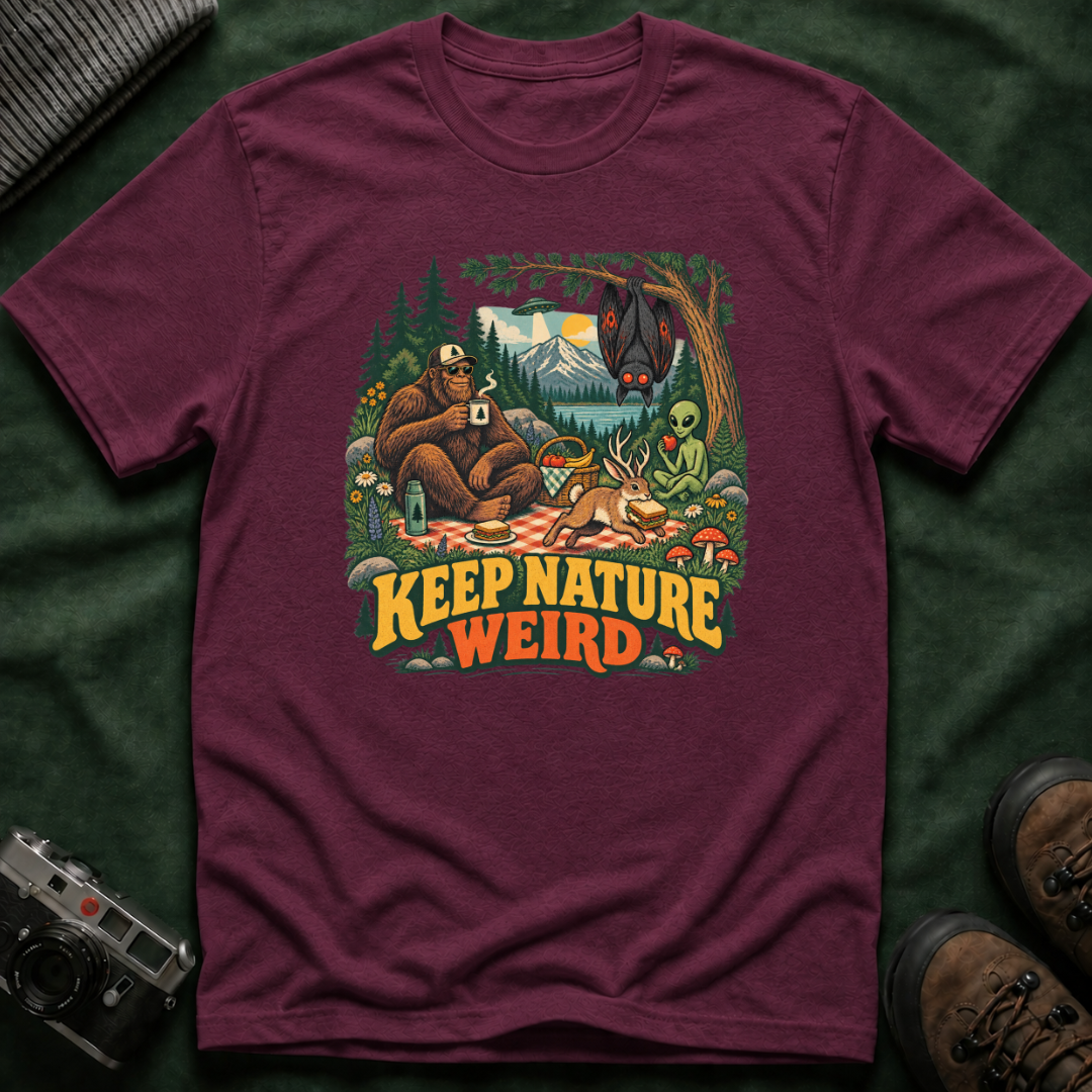 Cryptid Picnic T-Shirt — 'Keep Nature Weird' Bigfoot & Alien Camping Graphic Tee