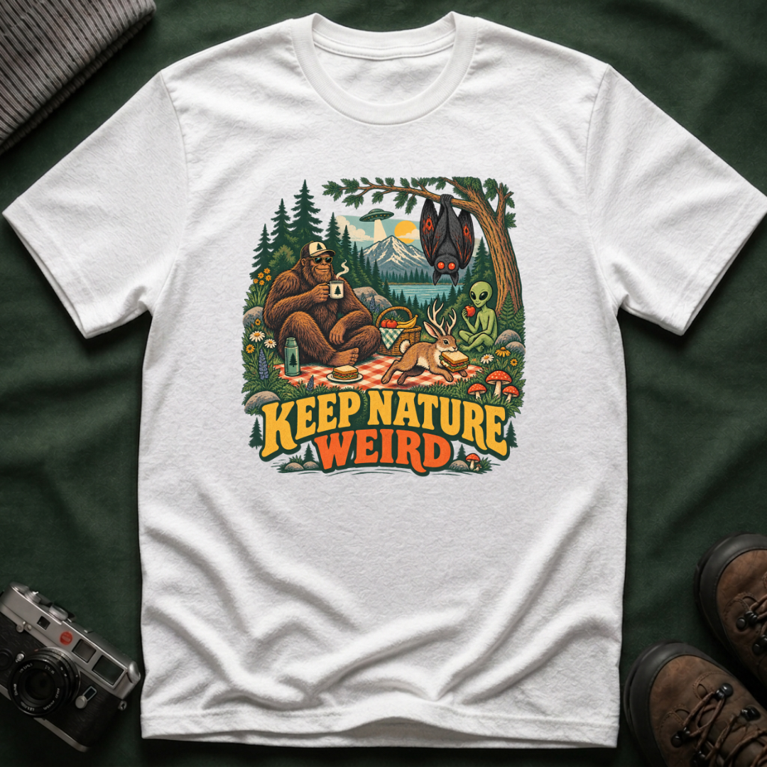 Cryptid Picnic T-Shirt — 'Keep Nature Weird' Bigfoot & Alien Camping Graphic Tee