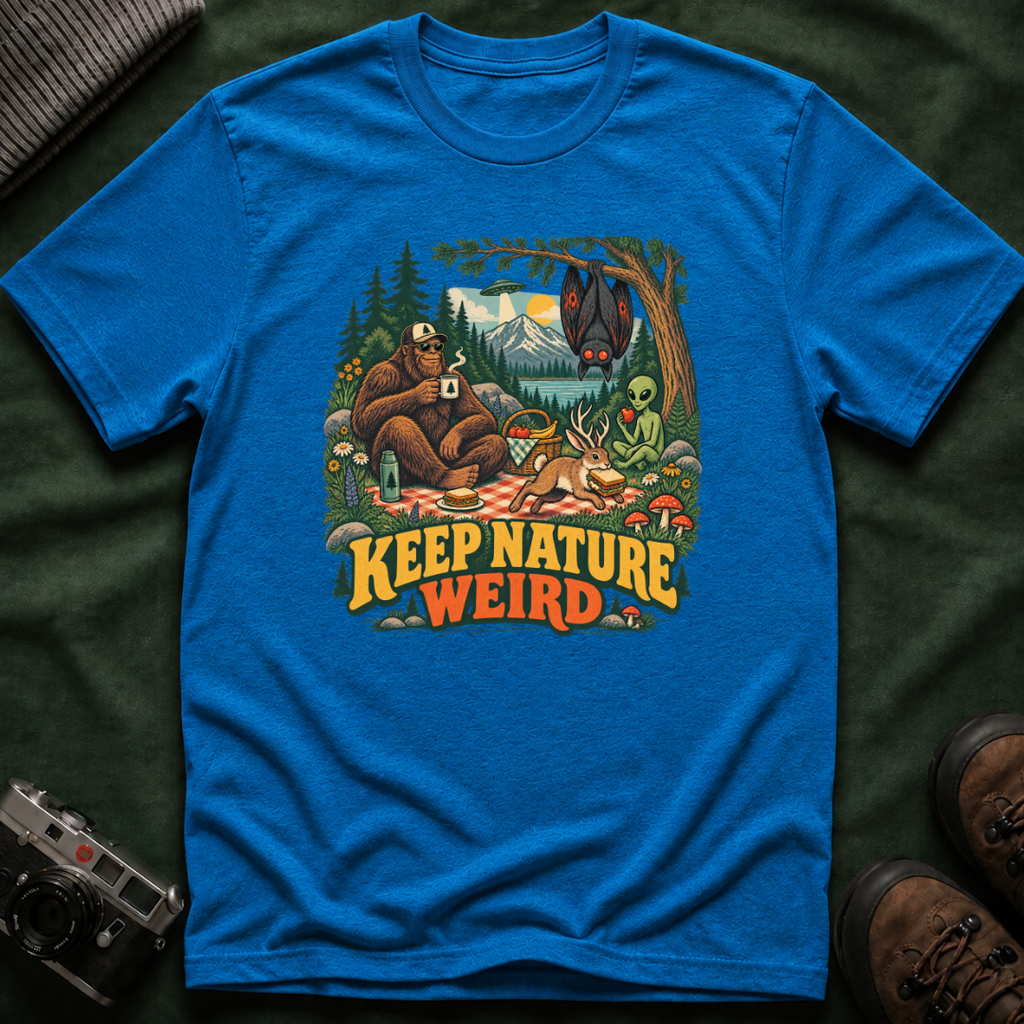 Cryptid Picnic T-Shirt — 'Keep Nature Weird' Bigfoot & Alien Camping Graphic Tee
