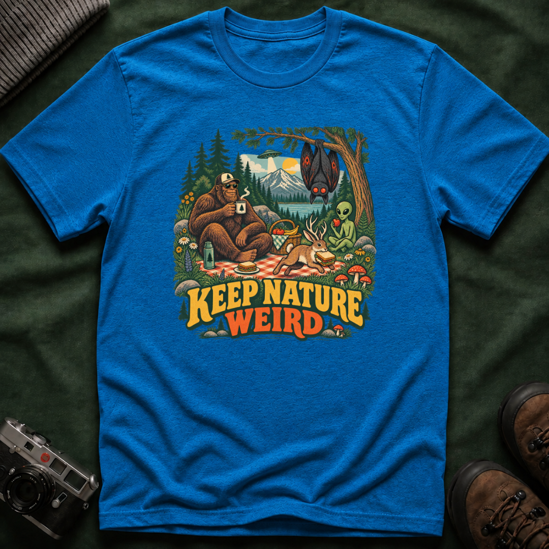 Cryptid Picnic T-Shirt — 'Keep Nature Weird' Bigfoot & Alien Camping Graphic Tee