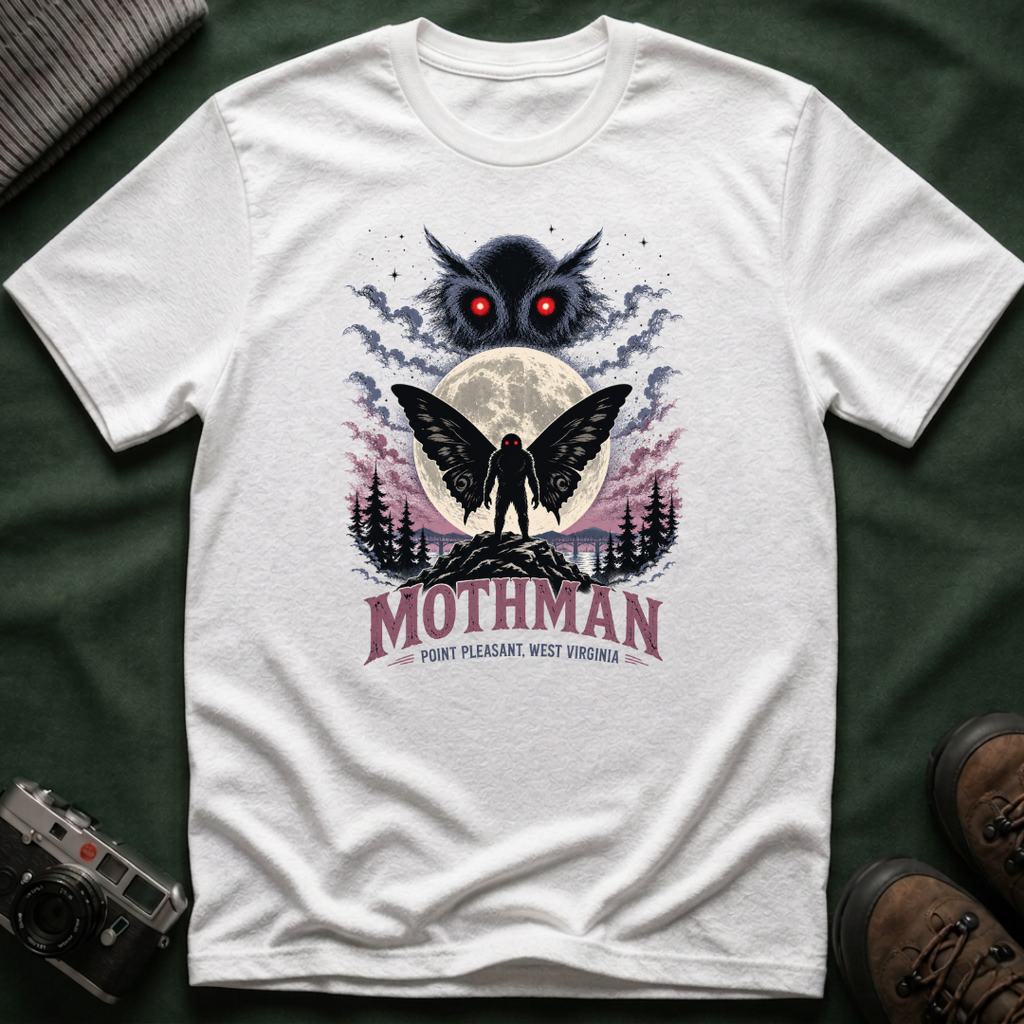 Mothman Graphic T-Shirt — Red-Eyed Mothman Moon Illustration