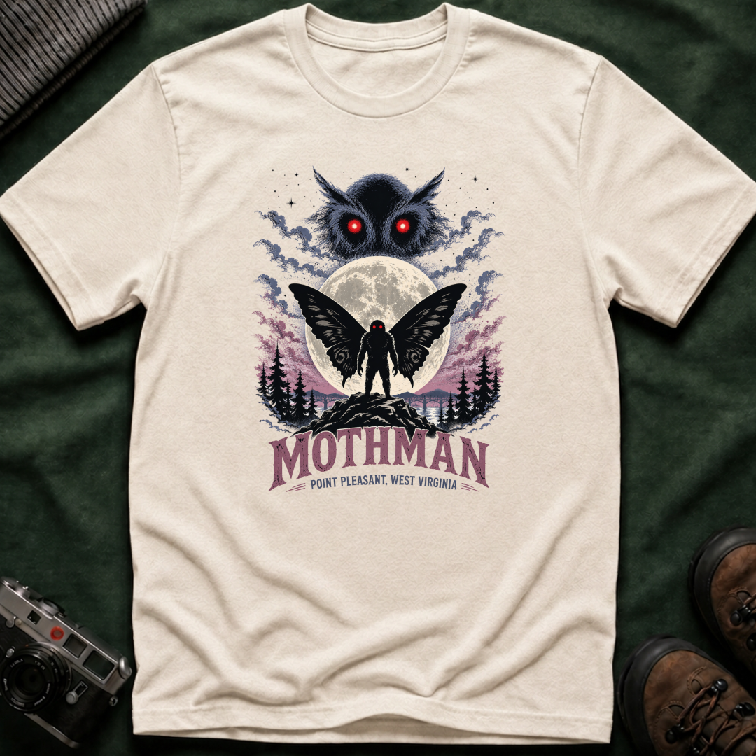 Mothman Graphic T-Shirt — Red-Eyed Mothman Moon Illustration