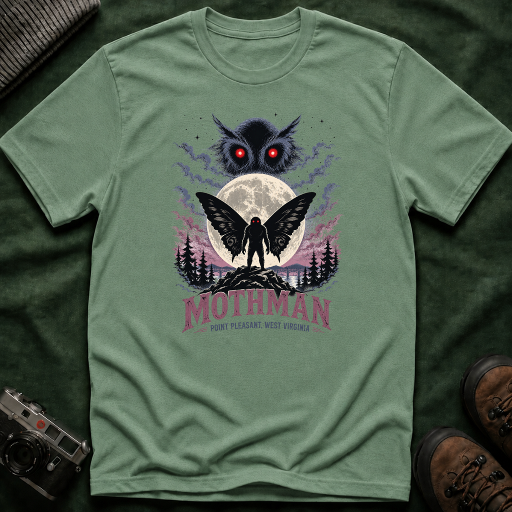 Mothman Graphic T-Shirt — Red-Eyed Mothman Moon Illustration