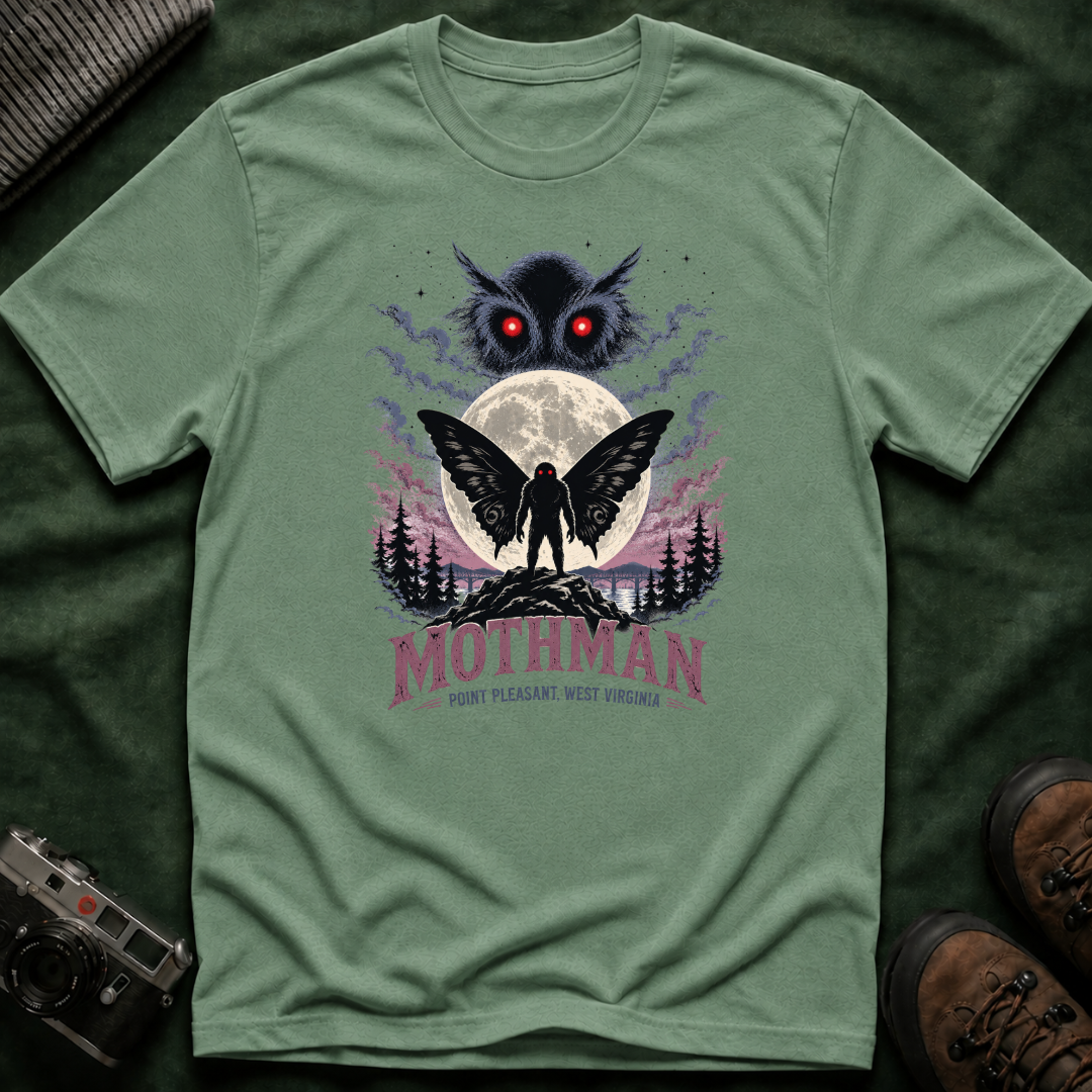 Mothman Graphic T-Shirt — Red-Eyed Mothman Moon Illustration