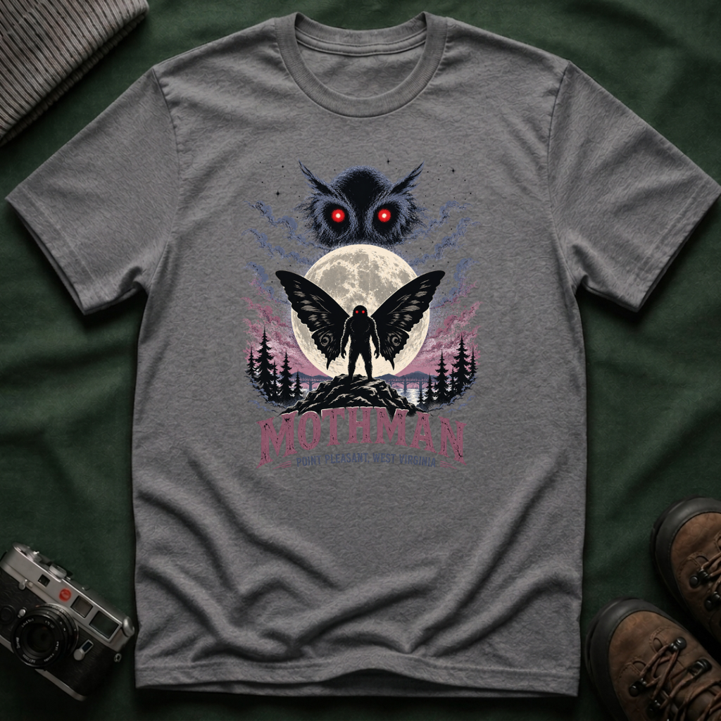 Mothman Graphic T-Shirt — Red-Eyed Mothman Moon Illustration