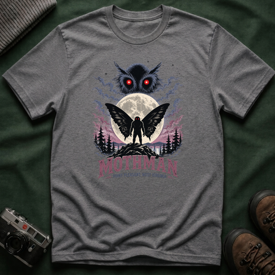 Mothman Graphic T-Shirt — Red-Eyed Mothman Moon Illustration