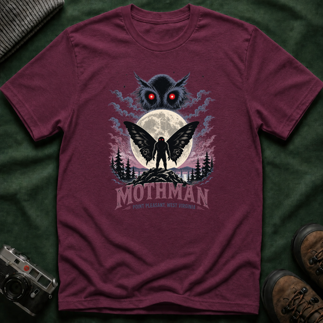Mothman Graphic T-Shirt — Red-Eyed Mothman Moon Illustration