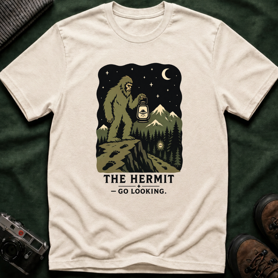 Sasquatch Tarot T-Shirt — 'The Hermit: Go Looking' Bigfoot Lantern Night Hiking Tee
