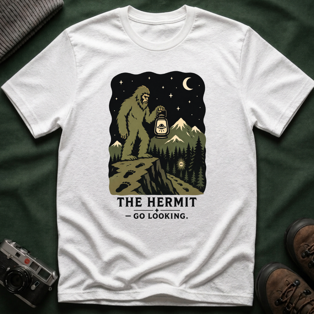 Sasquatch Tarot T-Shirt — 'The Hermit: Go Looking' Bigfoot Lantern Night Hiking Tee