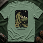 Sasquatch Tarot T-Shirt — 'The Hermit: Go Looking' Bigfoot Lantern Night Hiking Tee