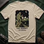 Sasquatch Tarot T-Shirt — 'The Hermit: Go Looking' Bigfoot Lantern Night Hiking Tee