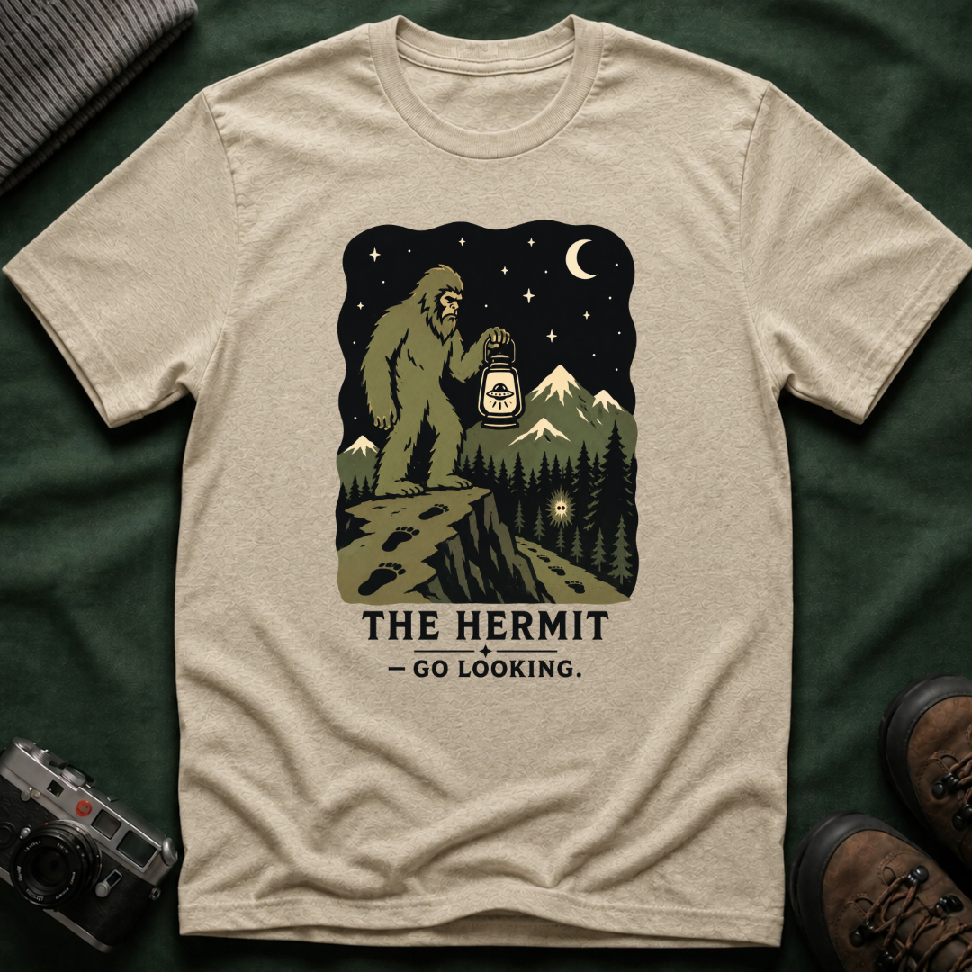 Sasquatch Tarot T-Shirt — 'The Hermit: Go Looking' Bigfoot Lantern Night Hiking Tee