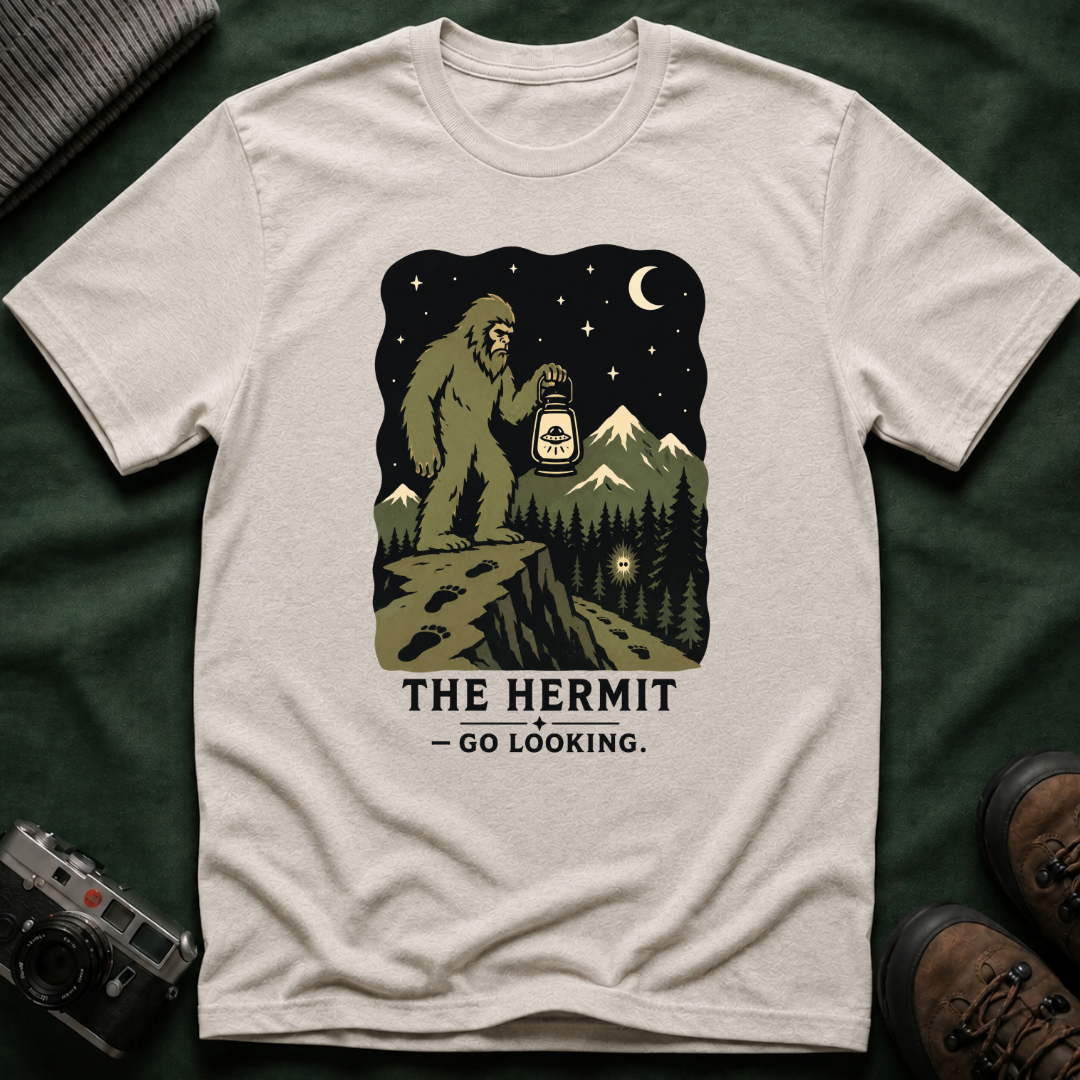 Sasquatch Tarot T-Shirt — 'The Hermit: Go Looking' Bigfoot Lantern Night Hiking Tee