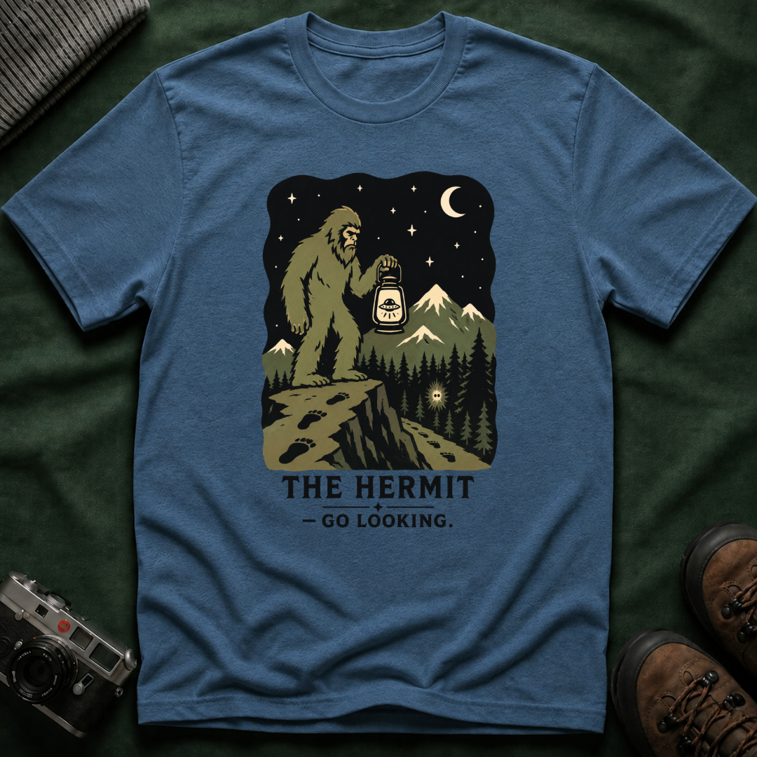 Sasquatch Tarot T-Shirt — 'The Hermit: Go Looking' Bigfoot Lantern Night Hiking Tee