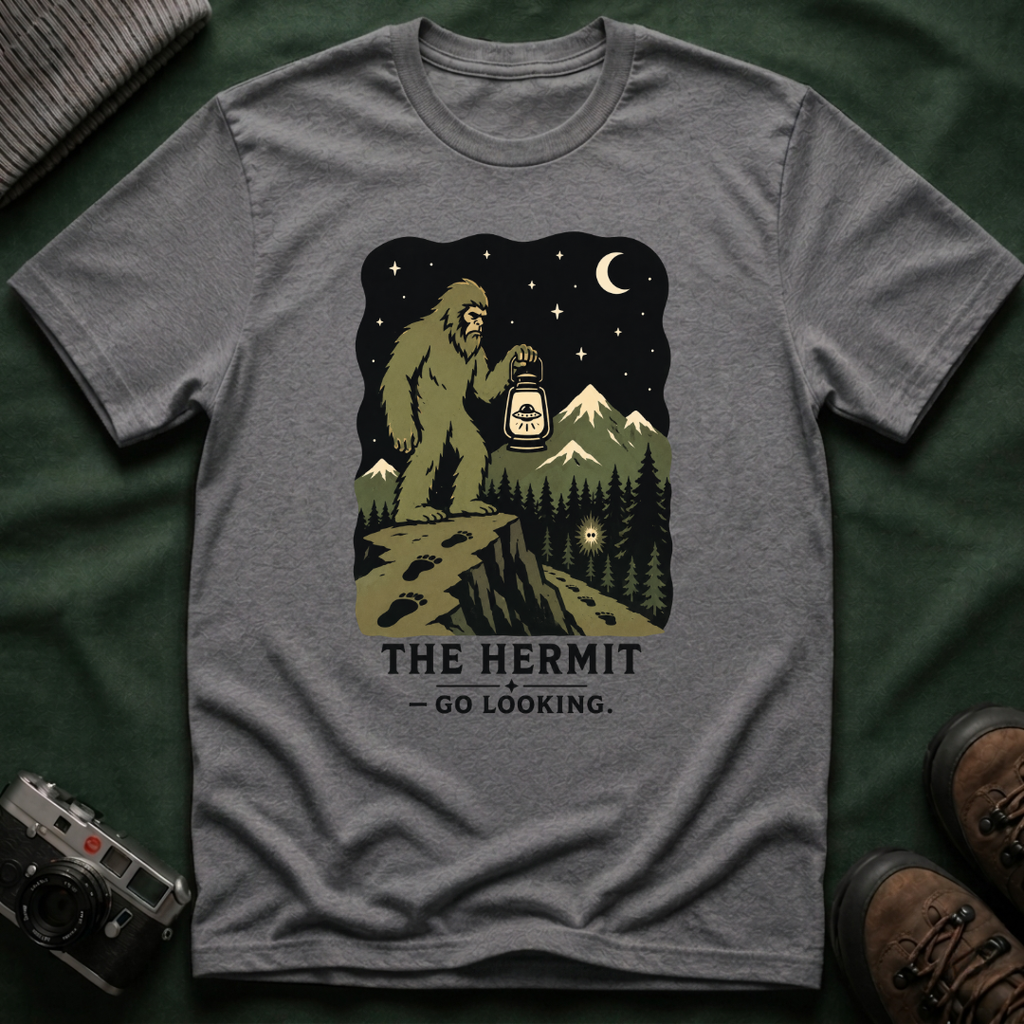 Sasquatch Tarot T-Shirt — 'The Hermit: Go Looking' Bigfoot Lantern Night Hiking Tee