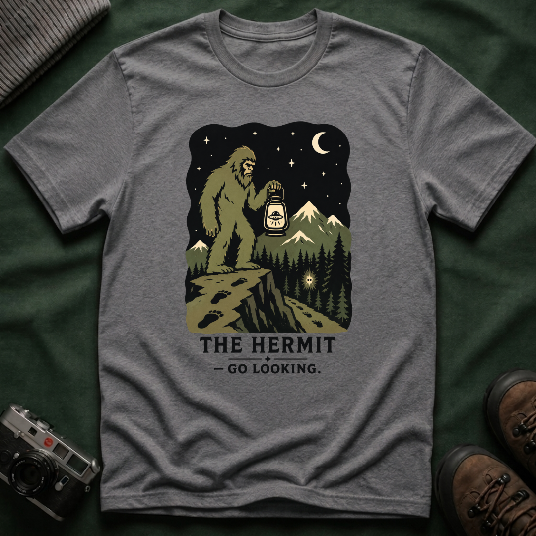 Sasquatch Tarot T-Shirt — 'The Hermit: Go Looking' Bigfoot Lantern Night Hiking Tee
