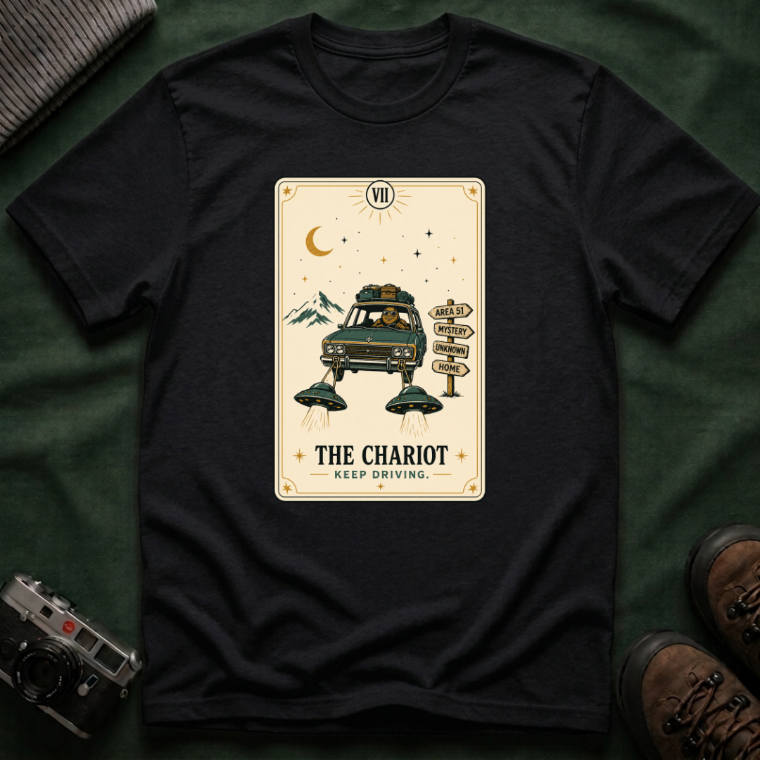 Tarot 'The Chariot' Adventure T-Shirt — Retro Sasquatch Roadtrip Tarot Card Design