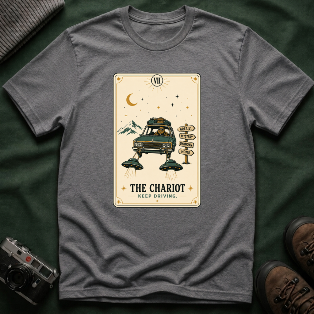 Tarot 'The Chariot' Adventure T-Shirt — Retro Sasquatch Roadtrip Tarot Card Design