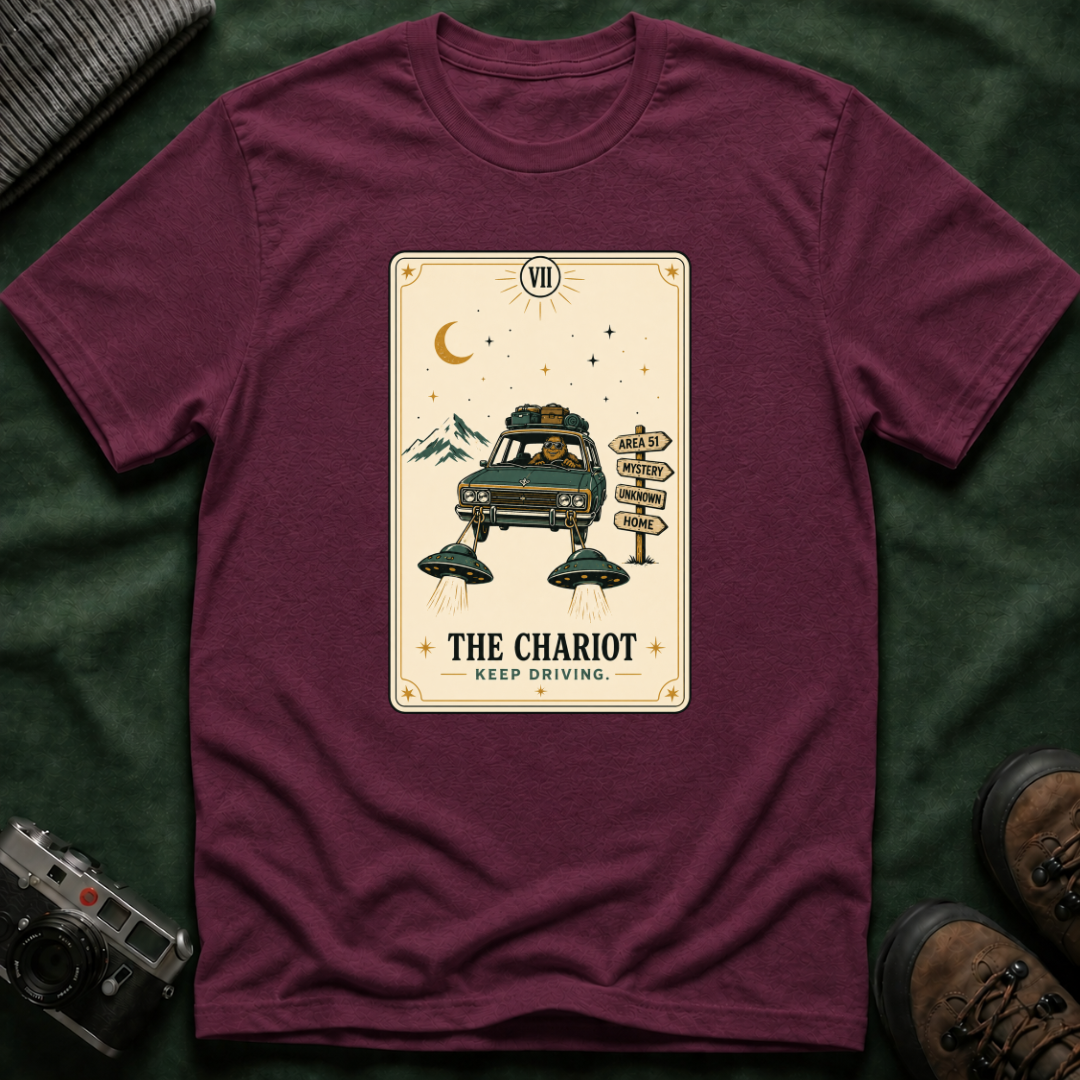 Tarot 'The Chariot' Adventure T-Shirt — Retro Sasquatch Roadtrip Tarot Card Design