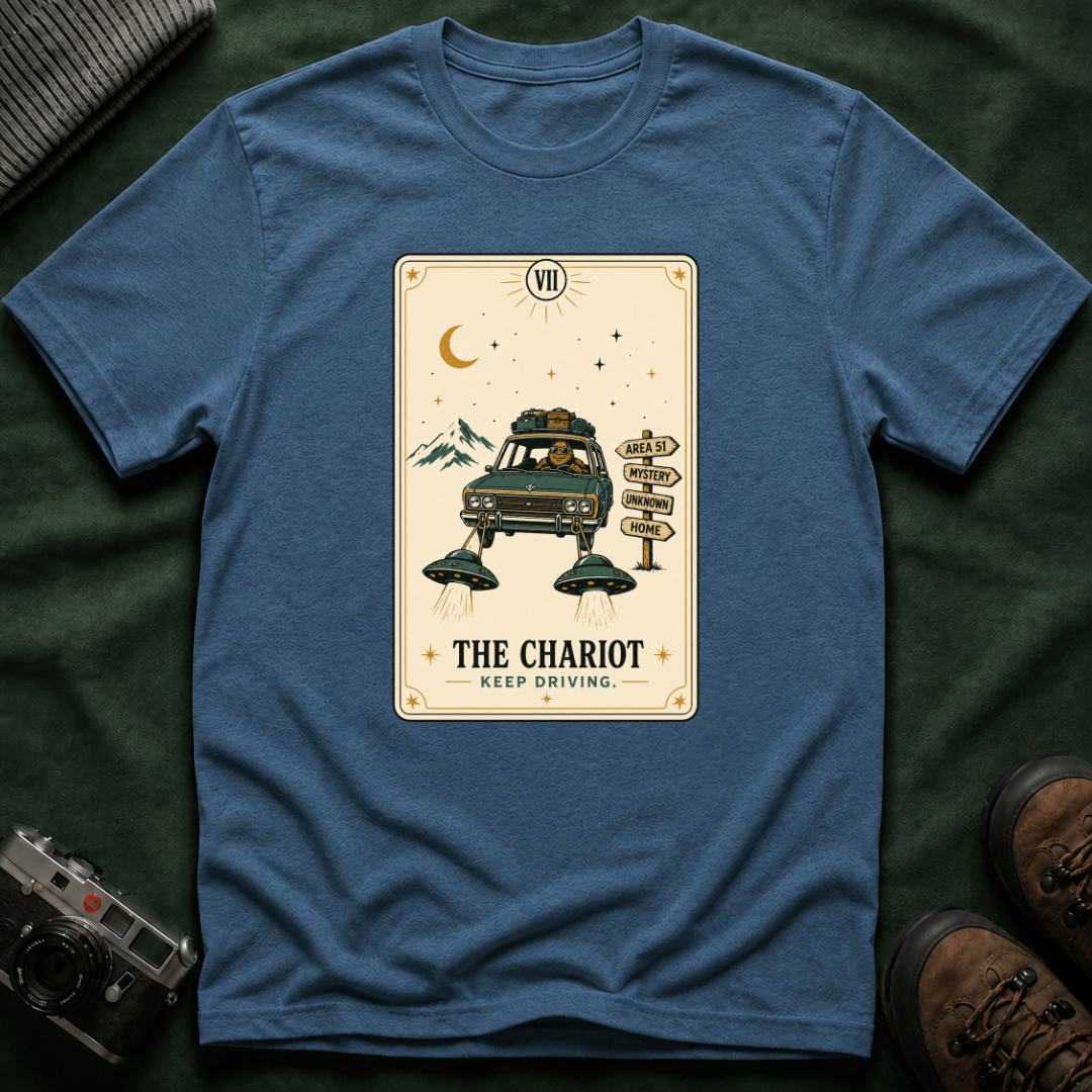 Tarot 'The Chariot' Adventure T-Shirt — Retro Sasquatch Roadtrip Tarot Card Design