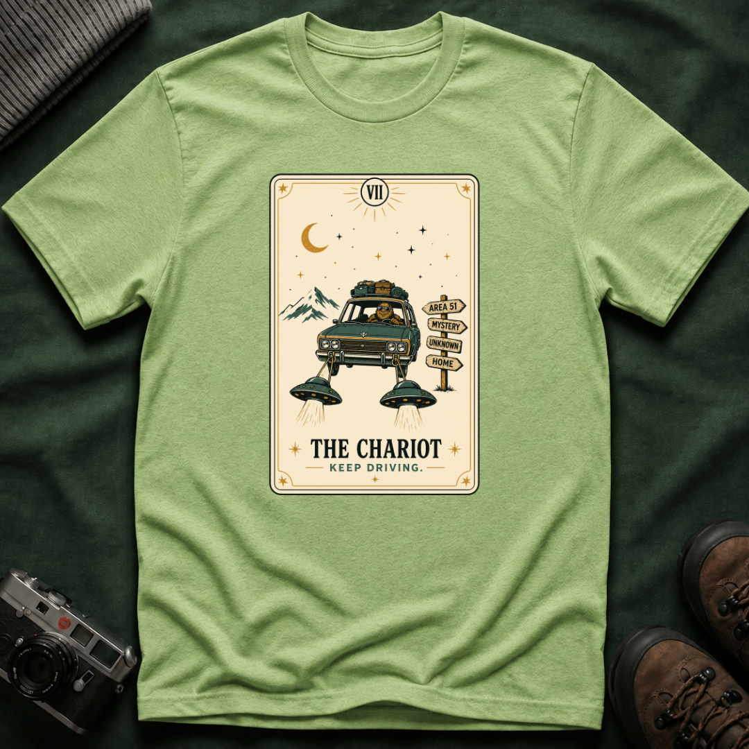 Tarot 'The Chariot' Adventure T-Shirt — Retro Sasquatch Roadtrip Tarot Card Design