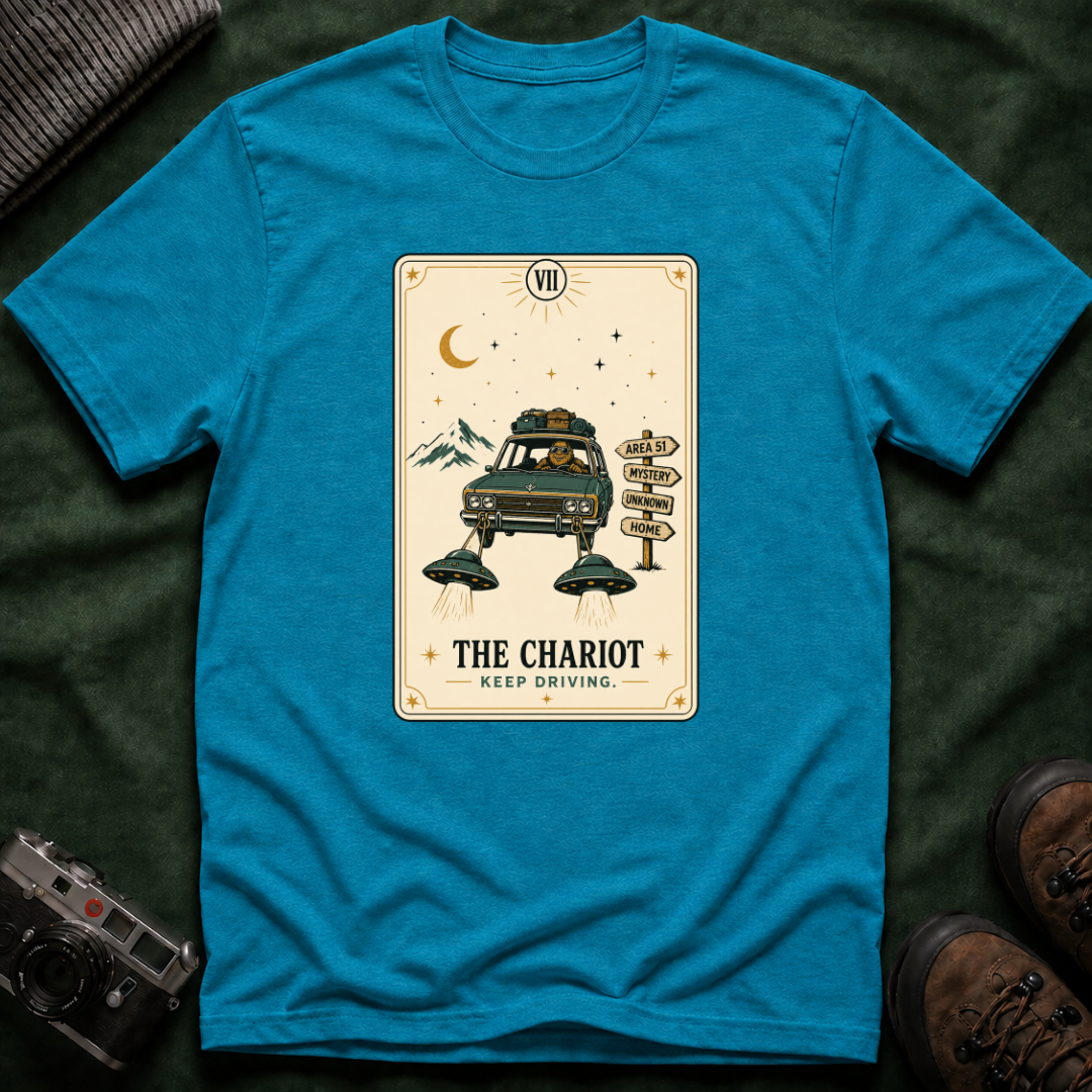 Tarot 'The Chariot' Adventure T-Shirt — Retro Sasquatch Roadtrip Tarot Card Design