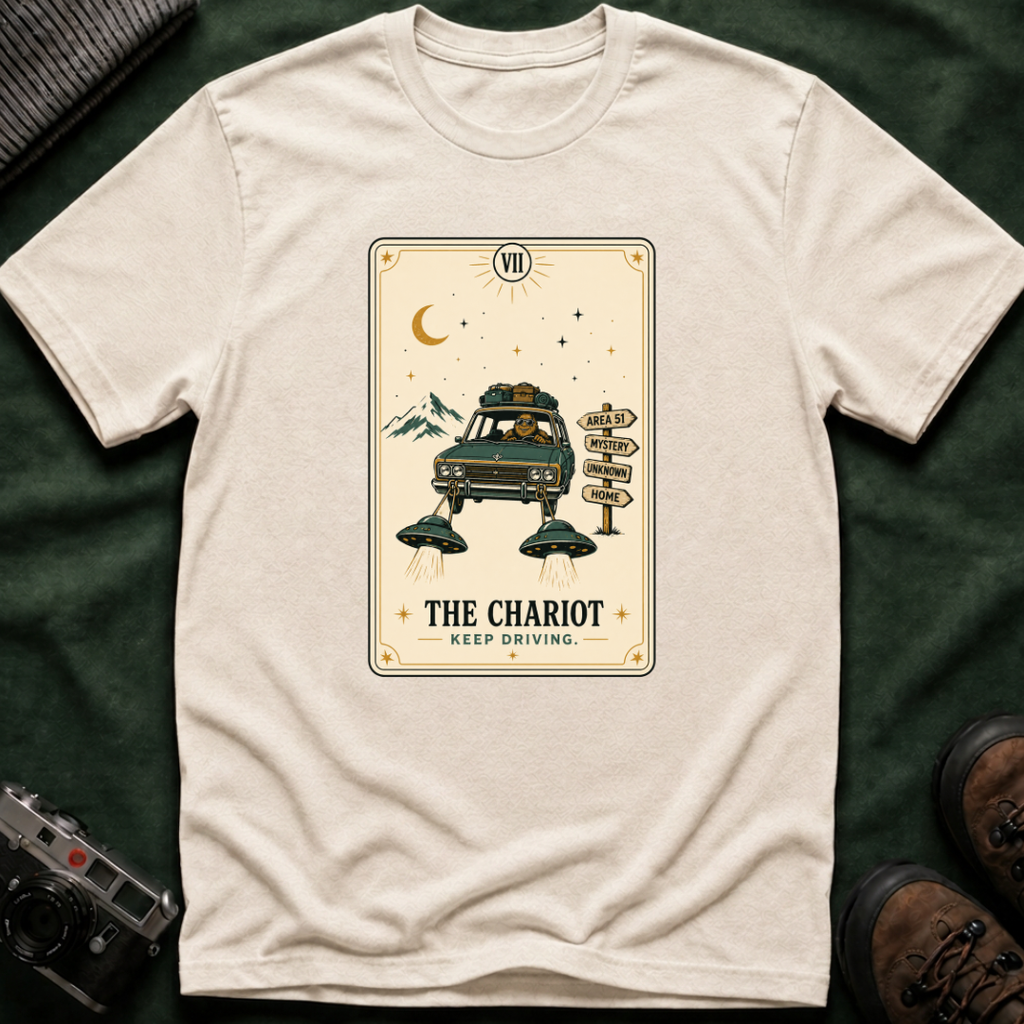 Tarot 'The Chariot' Adventure T-Shirt — Retro Sasquatch Roadtrip Tarot Card Design