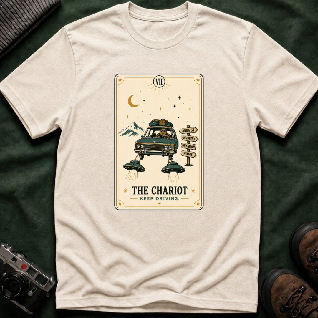 Tarot 'The Chariot' Adventure T-Shirt — Retro Sasquatch Roadtrip Tarot Card Design