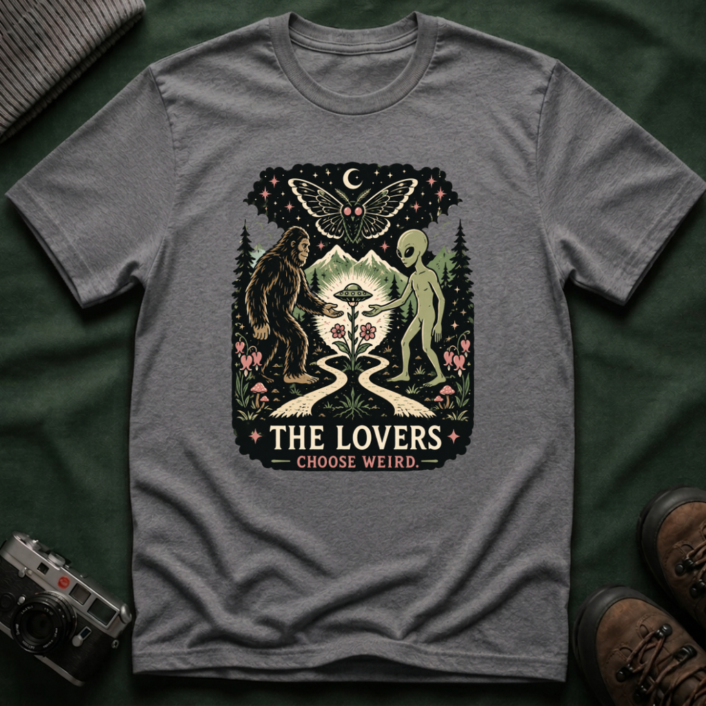 The Lovers Tarot T-Shirt — Bigfoot & Alien Cosmic Reunion Graphic Tee
