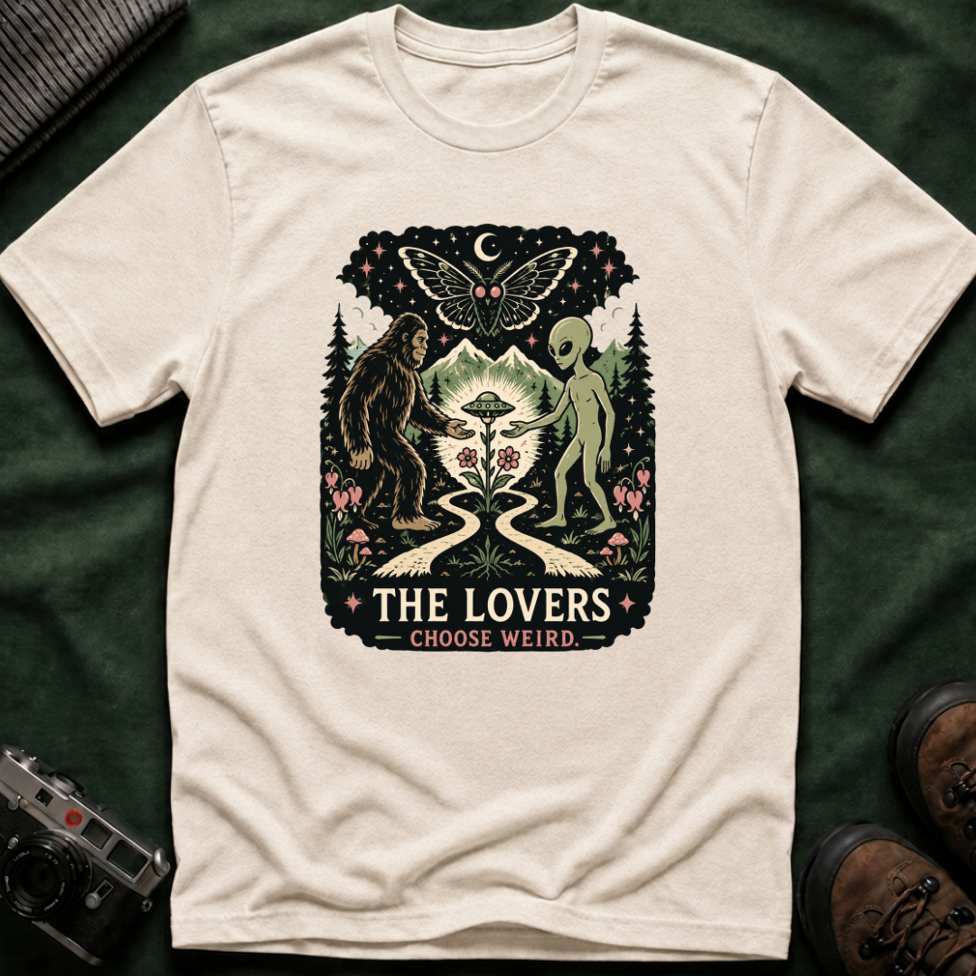 The Lovers Tarot T-Shirt — Bigfoot & Alien Cosmic Reunion Graphic Tee