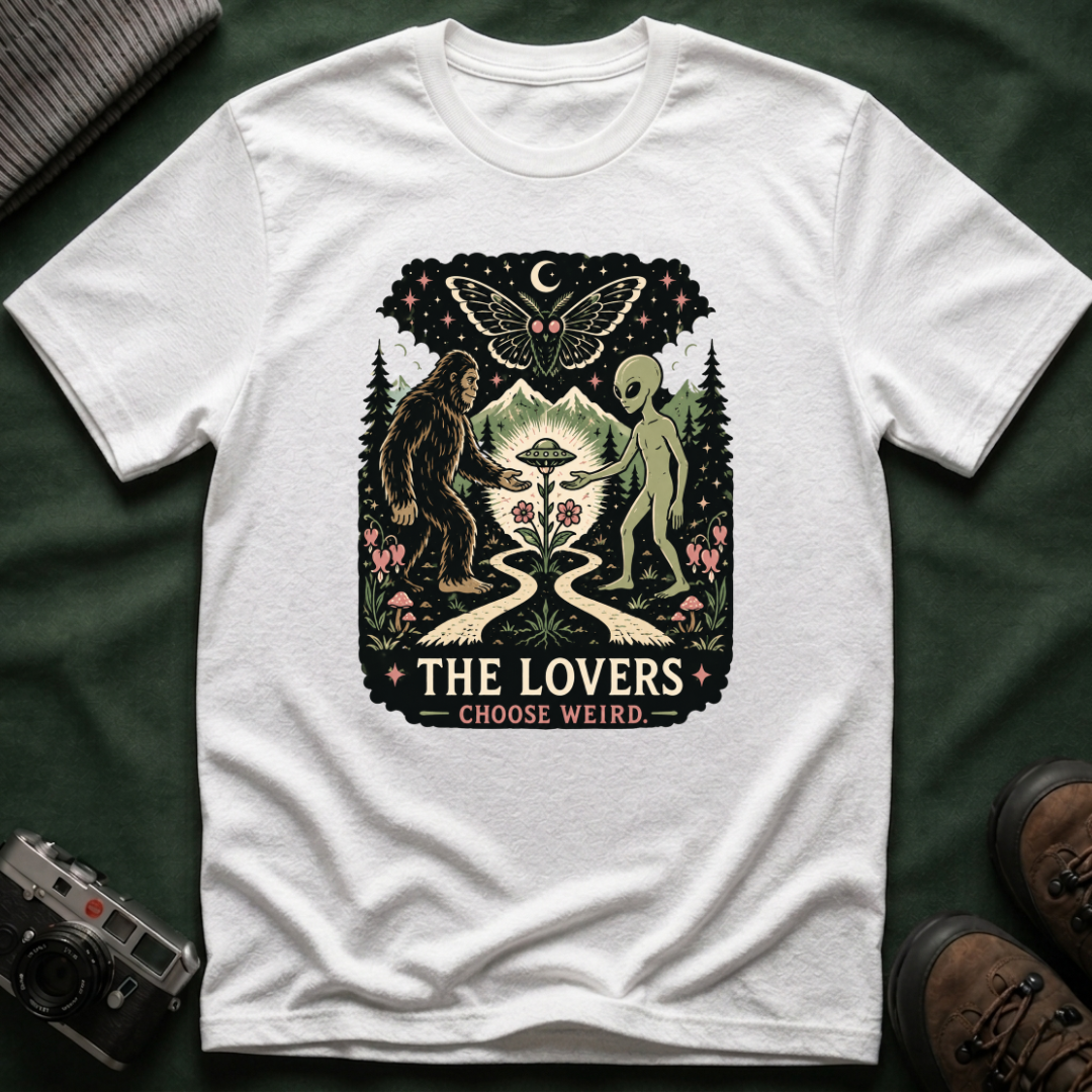 The Lovers Tarot T-Shirt — Bigfoot & Alien Cosmic Reunion Graphic Tee