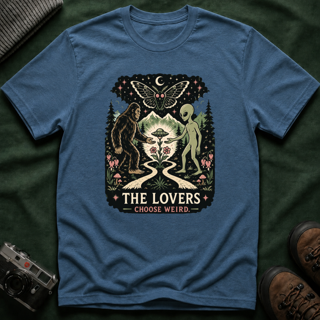The Lovers Tarot T-Shirt — Bigfoot & Alien Cosmic Reunion Graphic Tee