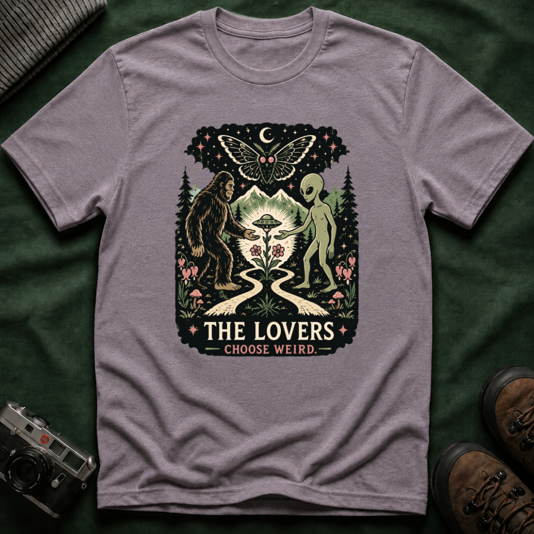 The Lovers Tarot T-Shirt — Bigfoot & Alien Cosmic Reunion Graphic Tee