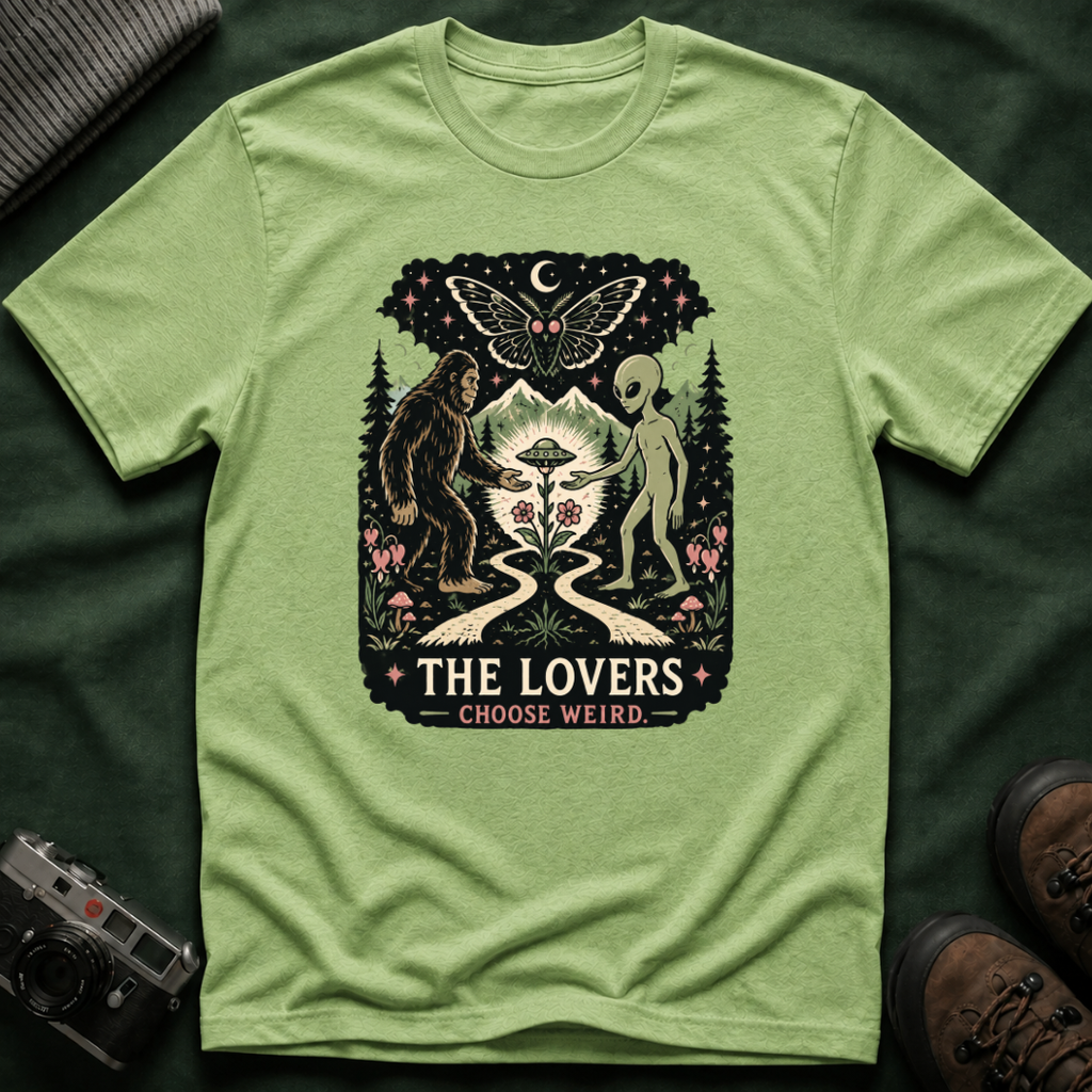 The Lovers Tarot T-Shirt — Bigfoot & Alien Cosmic Reunion Graphic Tee