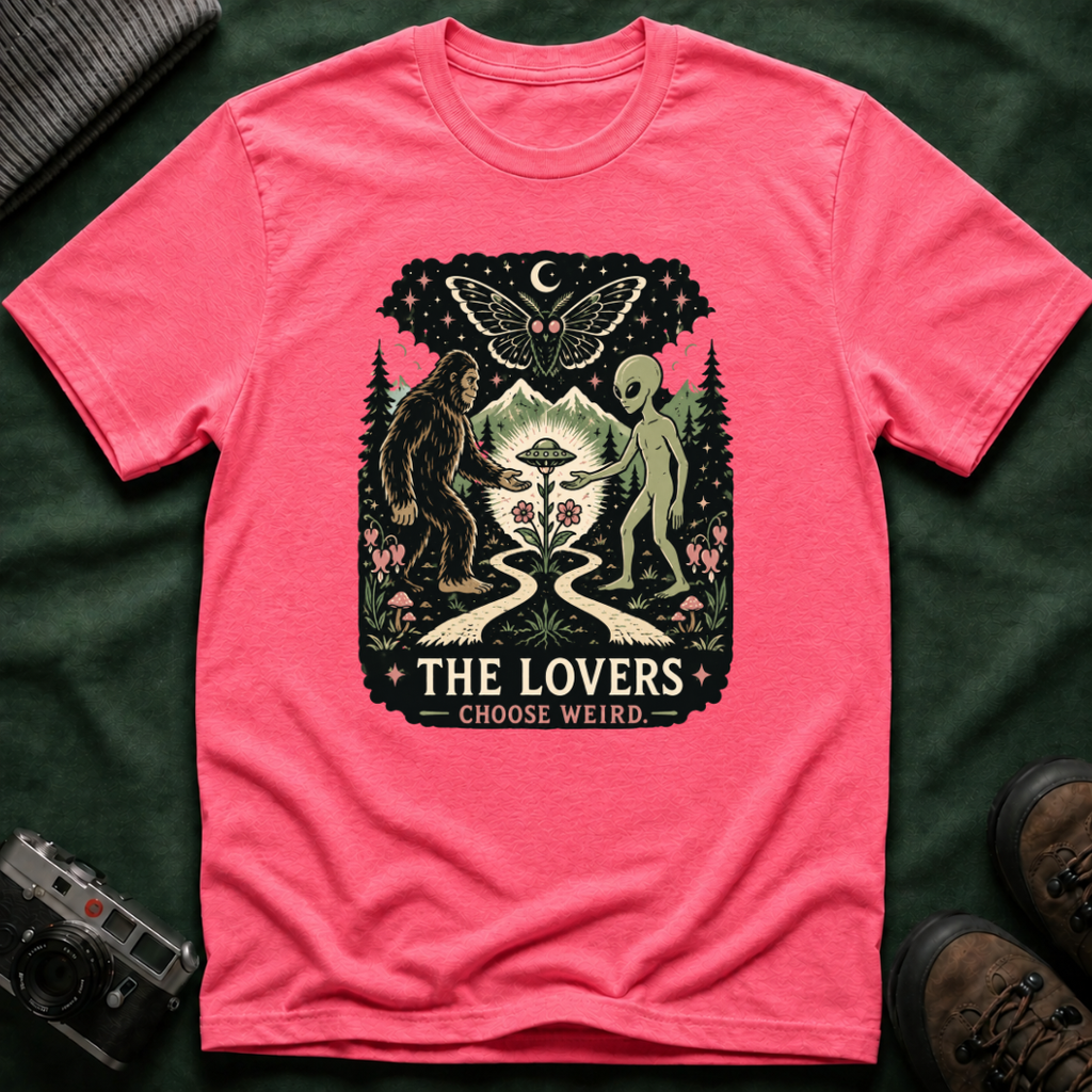 The Lovers Tarot T-Shirt — Bigfoot & Alien Cosmic Reunion Graphic Tee