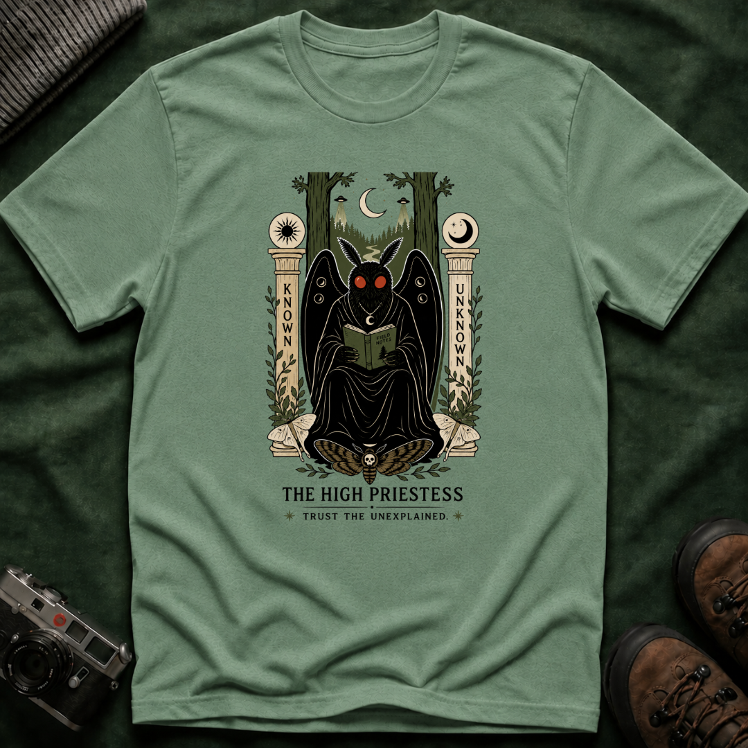 High Priestess Mothman Tarot T-Shirt — 'Known' vs 'Unknown' Mystical Graphic Tee