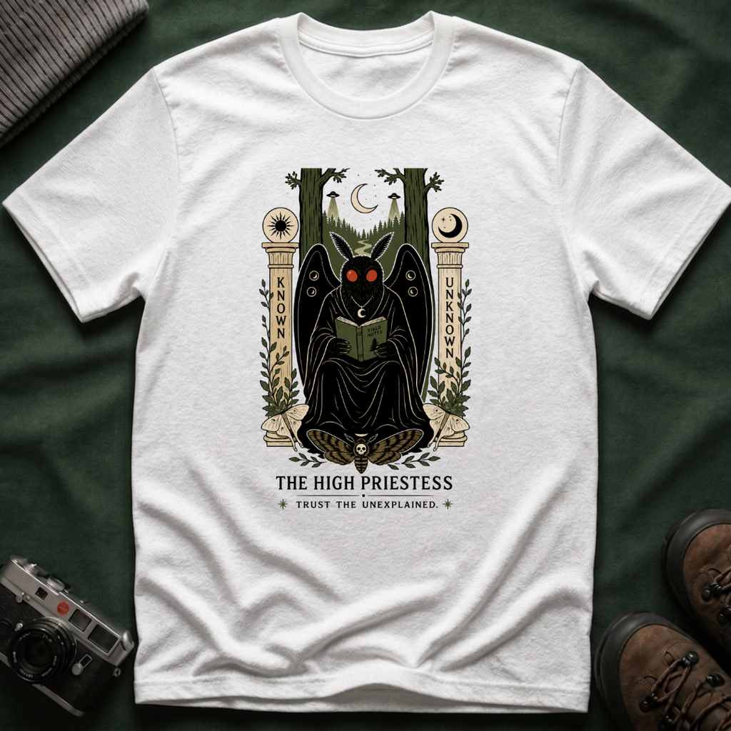 High Priestess Mothman Tarot T-Shirt — 'Known' vs 'Unknown' Mystical Graphic Tee