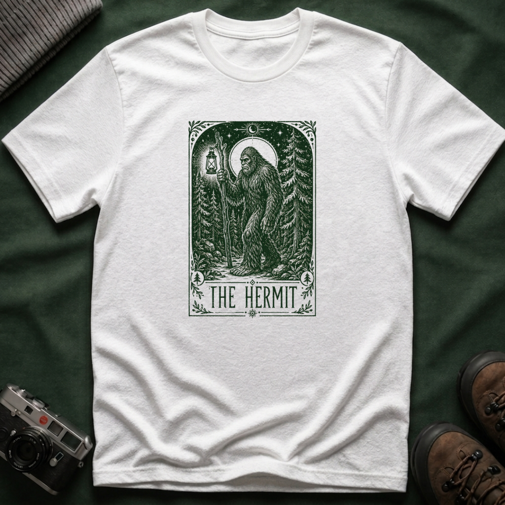 The Hermit Tarot T-Shirt — Vintage Forest Bigfoot Lantern Graphic Tee