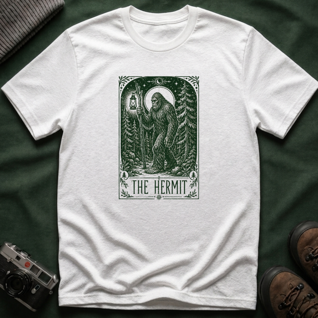 The Hermit Tarot T-Shirt — Vintage Forest Bigfoot Lantern Graphic Tee