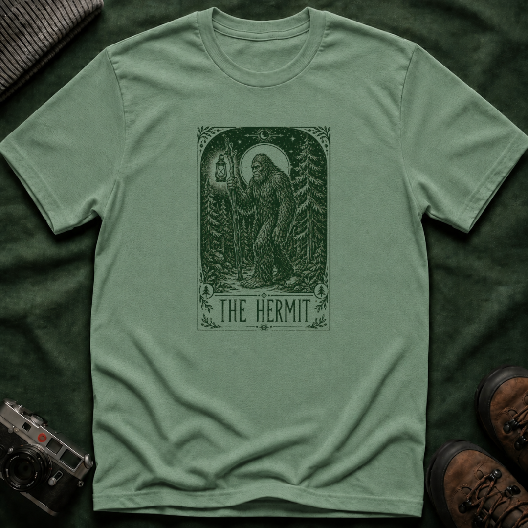 The Hermit Tarot T-Shirt — Vintage Forest Bigfoot Lantern Graphic Tee