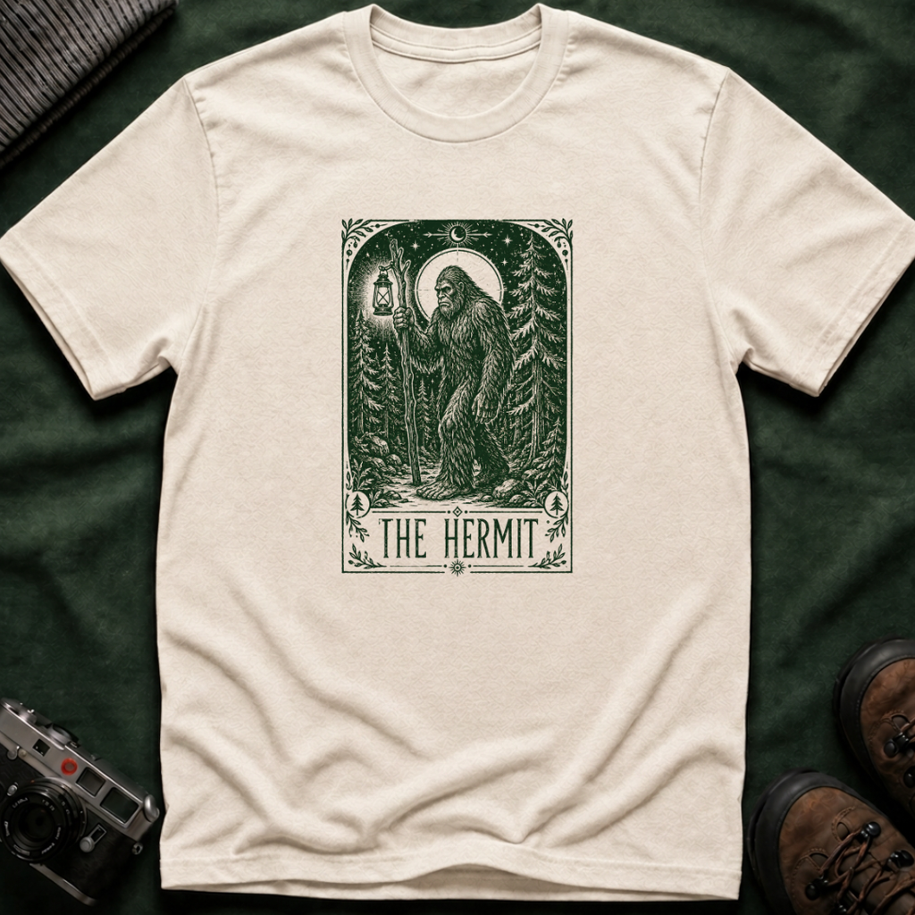 The Hermit Tarot T-Shirt — Vintage Forest Bigfoot Lantern Graphic Tee