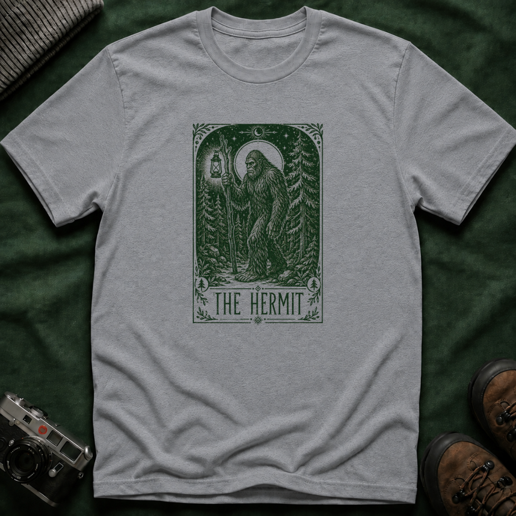 The Hermit Tarot T-Shirt — Vintage Forest Bigfoot Lantern Graphic Tee