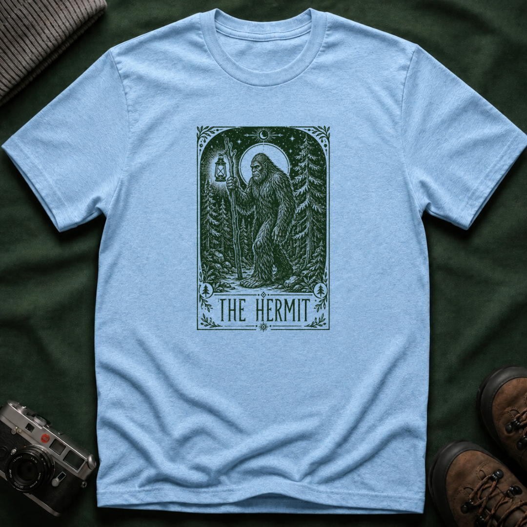 The Hermit Tarot T-Shirt — Vintage Forest Bigfoot Lantern Graphic Tee