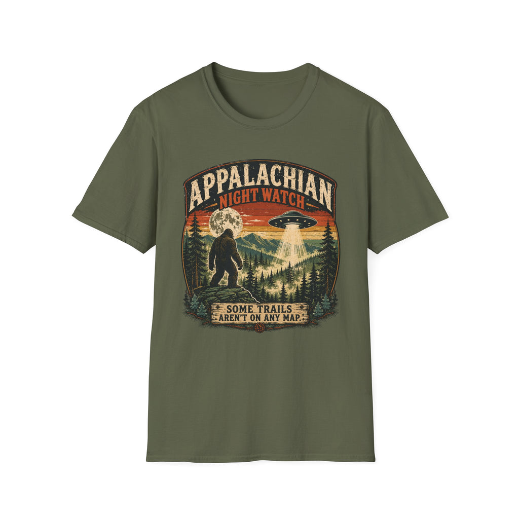 Appalachian Night Watch T-Shirt — Sasquatch UFO Retro Outdoor Tee